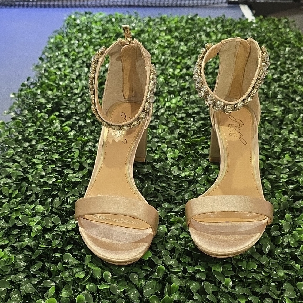Badgley Mischka Satin Heels with Embellished Ankle Strap